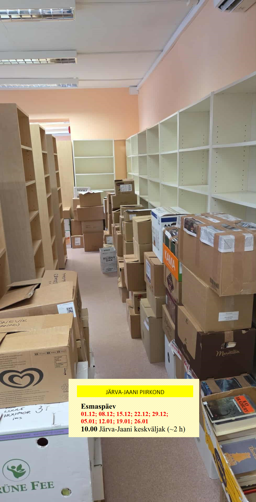 Anname teada, et 21. novembriks on Järva-Jaani raamatukogu fond kastidesse pakitud ja jääme ootama uude asukohta kolimist. Raamatukogu asub edaspidi Järva-Jaani